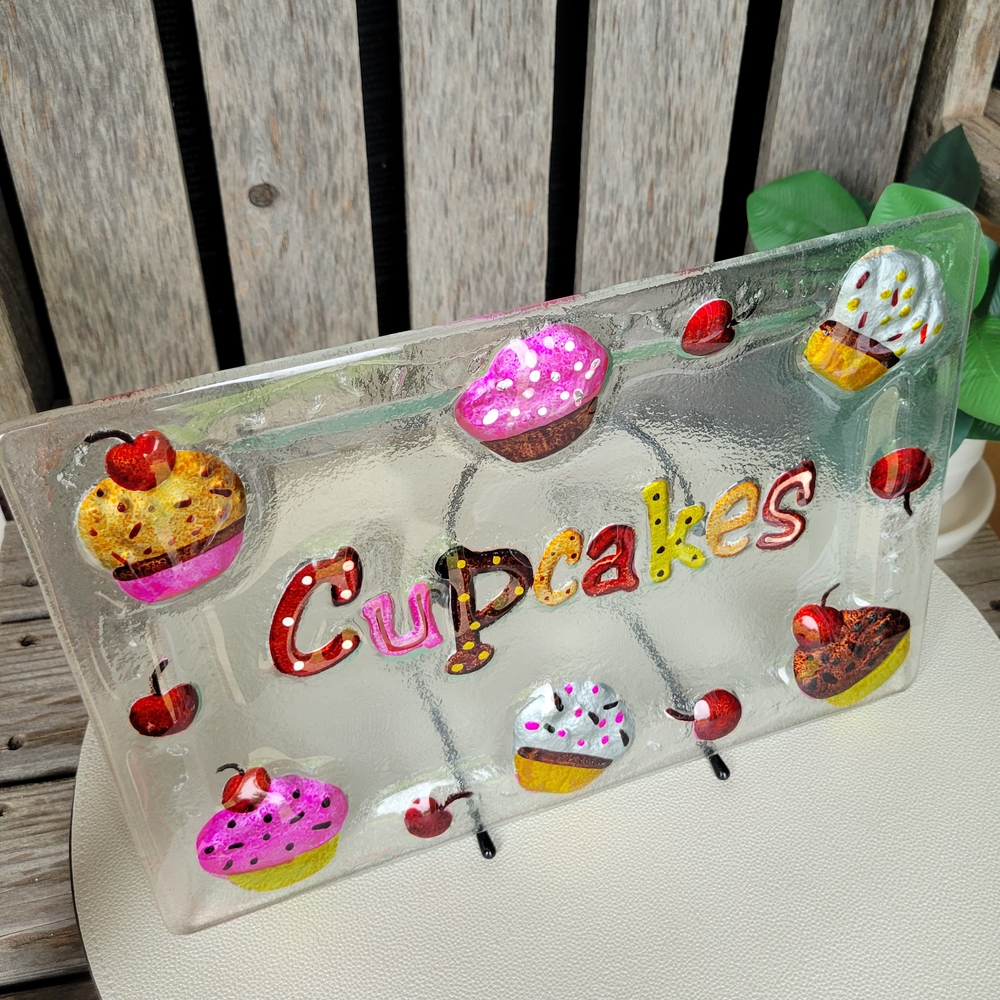 Cupcakes & Cherries Handpainted Fused Glass Rectangle Platter - Picture 7 of 8